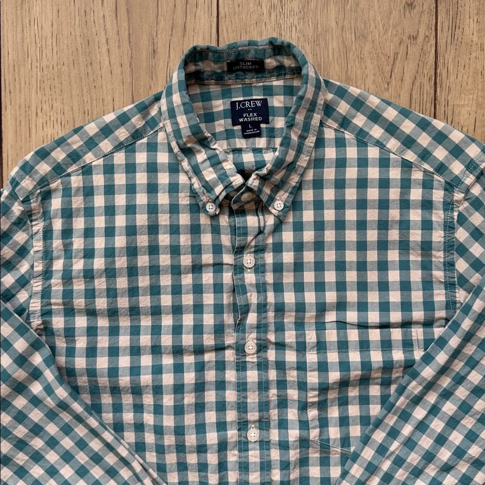 J Crew Slim Untucked Flex Washed Green Gingham Button Down Shirt Men’s Large